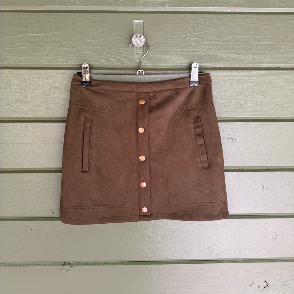 Olive Green Faux Suede Mini Skirt Women’s Small Button Front Pockets
